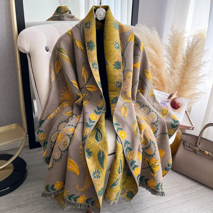 Winter Shawl Scarf Double-Sided Floral Wrap, Elegant Warm Layering Accessory