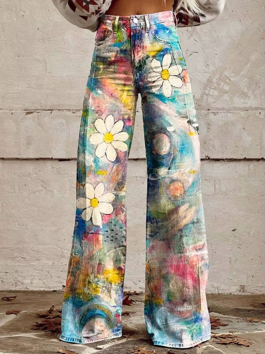Floral Bell Bottom Pants for Women with High Waist Design
