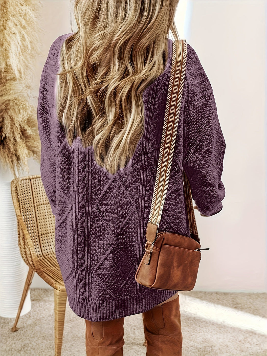 Cable Knit Sweater Dress with Round Neckline and Midi Length