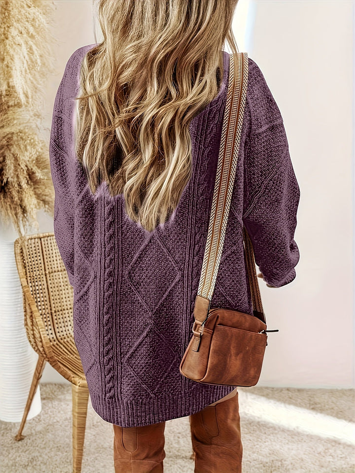 Cable Knit Sweater Dress with Round Neckline and Midi Length