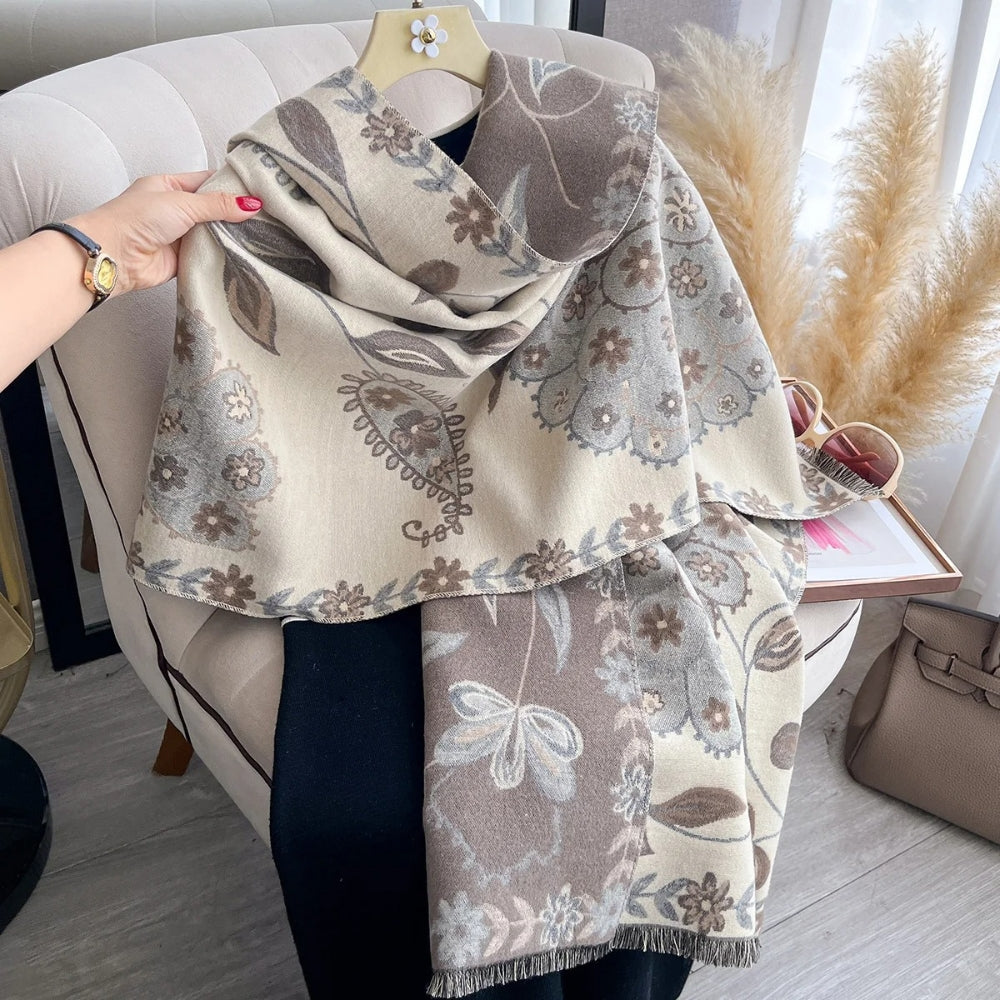 Winter Shawl Scarf Double-Sided Floral Wrap, Elegant Warm Layering Accessory