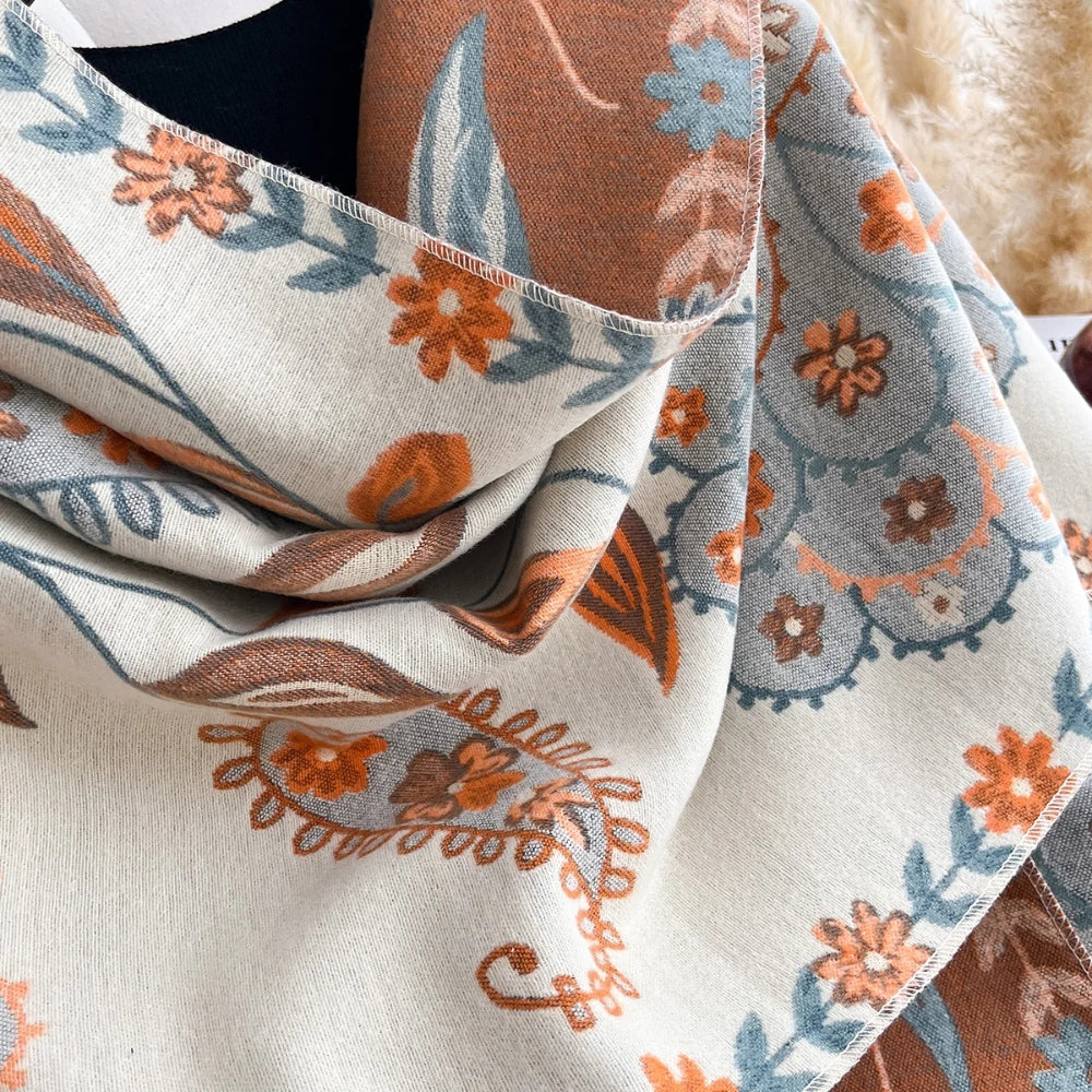Winter Shawl Scarf Double-Sided Floral Wrap, Elegant Warm Layering Accessory