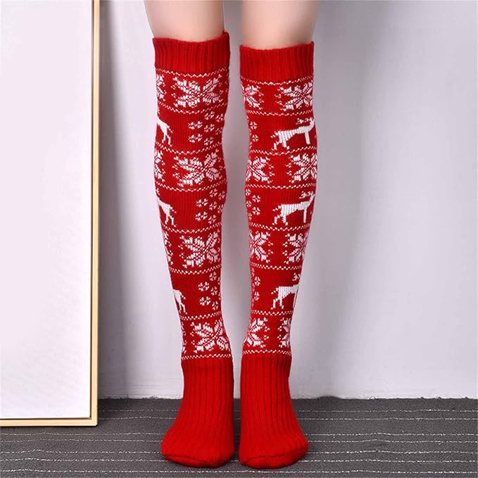 Over-Knee Christmas Knit Socks For Women, Warm Cotton Holiday Stockings