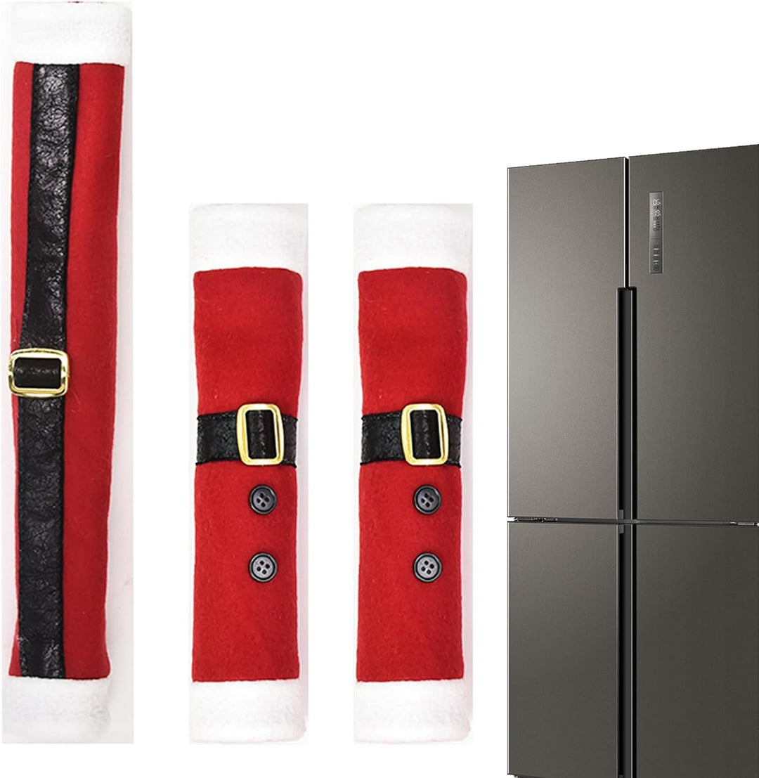 Linen Embroidered Handle Covers For Refrigerator And Microwave Doors With Christmas Designs