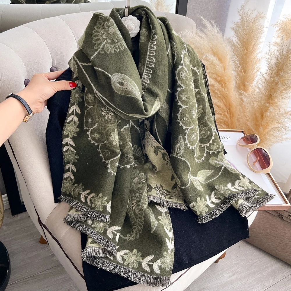 Winter Shawl Scarf Double-Sided Floral Wrap, Elegant Warm Layering Accessory