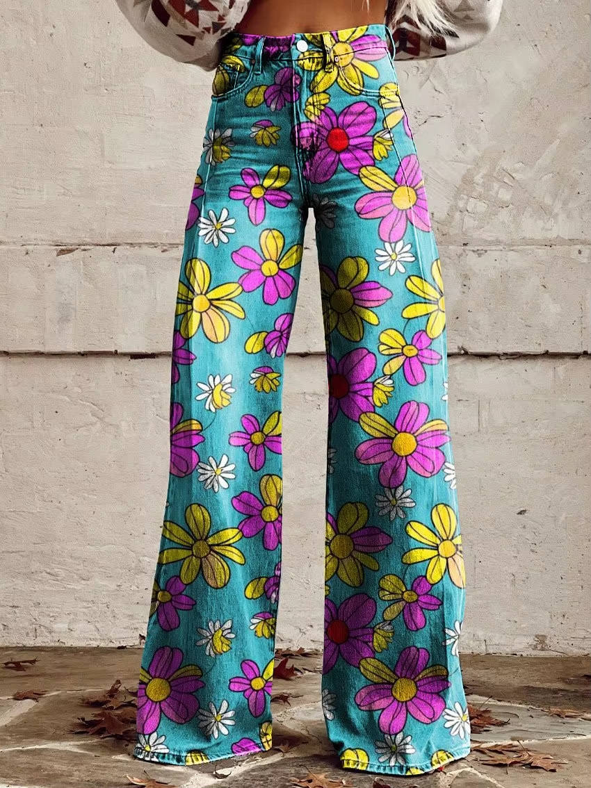 Floral Bell Bottom Pants for Women with High Waist Design