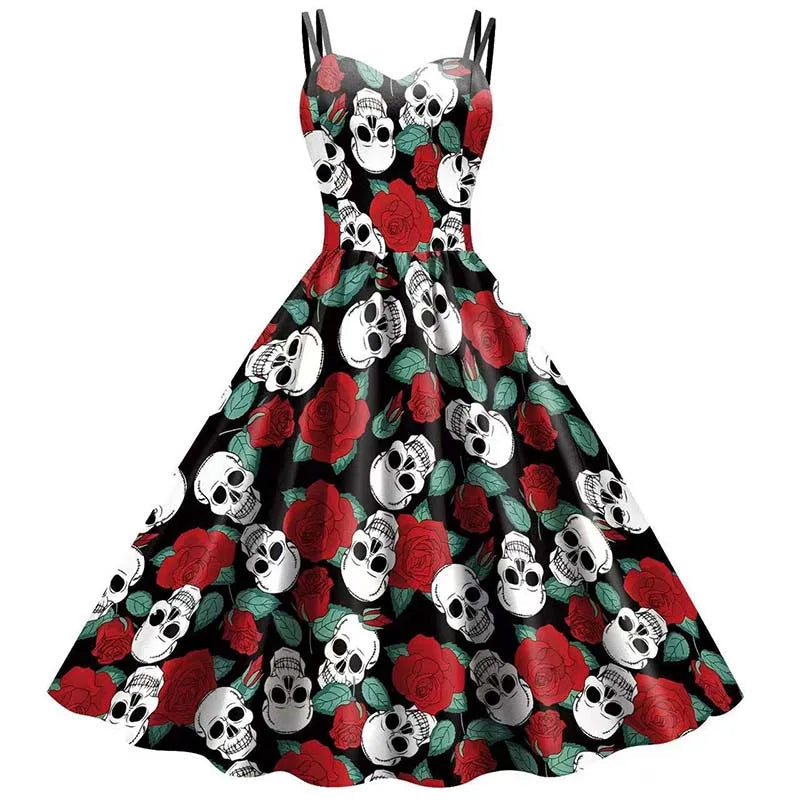 Halloween Skeleton Rose Dress Women&