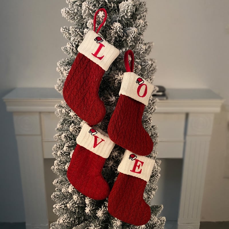 Cozy Knit Socks With Embroidered Candy Gift Bag And Letter Christmas Stocking