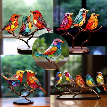 Acrylic Bird on Branch Desktop Ornament with Rainbow Color Shifting and Stable Base