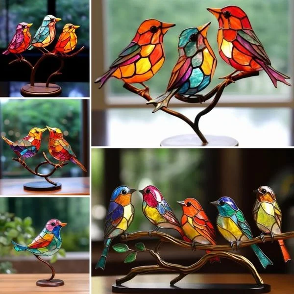 Acrylic Bird on Branch Desktop Ornament with Rainbow Color Shifting and Stable Base