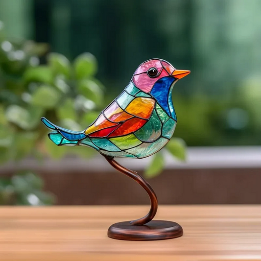Acrylic Bird on Branch Desktop Ornament with Rainbow Color Shifting and Stable Base