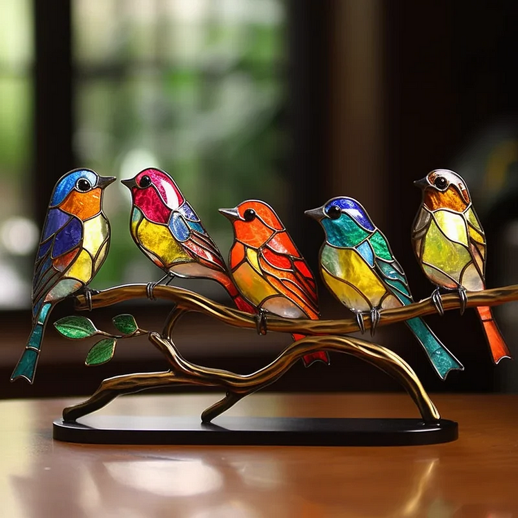 Acrylic Bird on Branch Desktop Ornament with Rainbow Color Shifting and Stable Base
