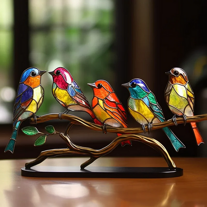 Acrylic Bird on Branch Desktop Ornament with Rainbow Color Shifting and Stable Base