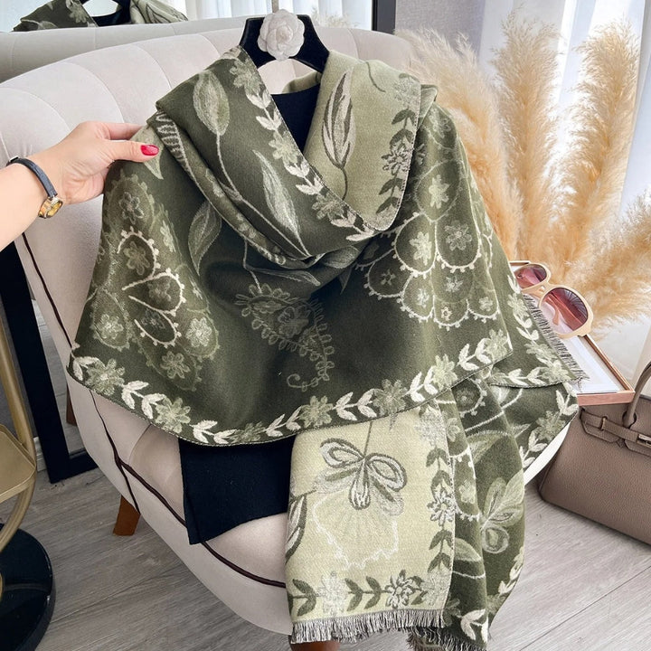 Winter Shawl Scarf Double-Sided Floral Wrap, Elegant Warm Layering Accessory