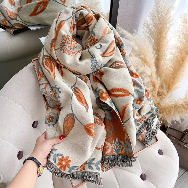 Winter Shawl Scarf Double-Sided Floral Wrap, Elegant Warm Layering Accessory