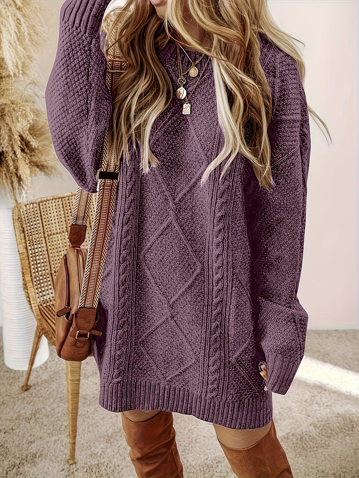 Cable Knit Sweater Dress with Round Neckline and Midi Length