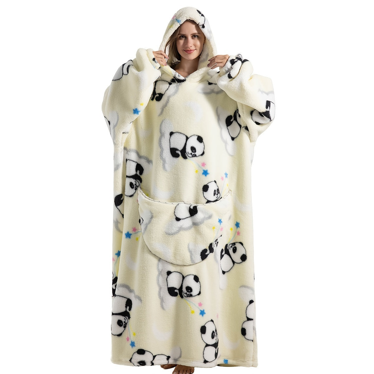 Wearable Blanket Hoodie Oversized Plush Fleece Panda Sweatshirt With Pocket