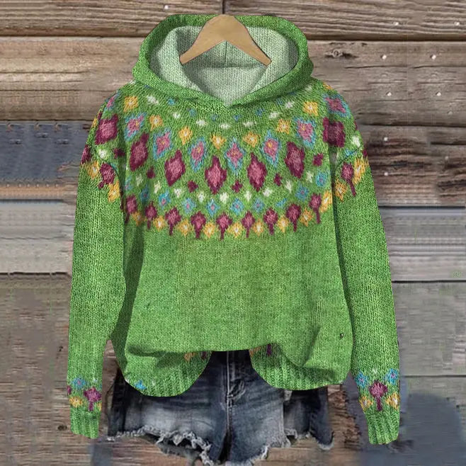 Hoodie Warm Nordic Fleece-Lined Pullover With Fair Isle Pattern