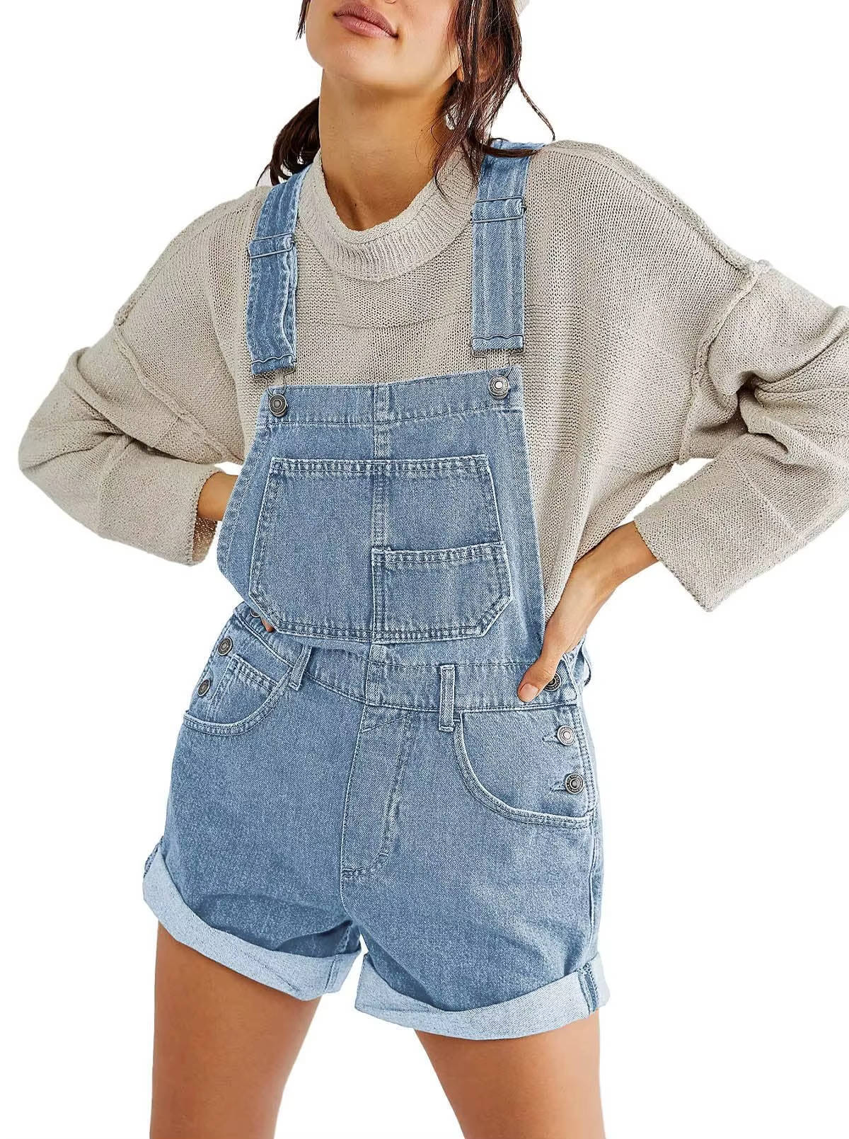 Women's Denim Shortalls with Adjustable Button Straps and Five Pockets, Loose Fit Sleeveless