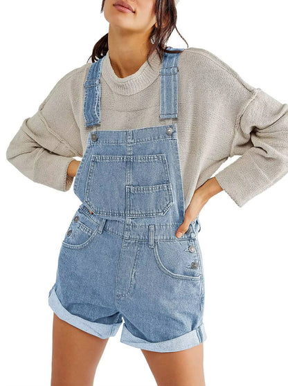 Women's Denim Shortalls with Adjustable Button Straps and Five Pockets, Loose Fit Sleeveless