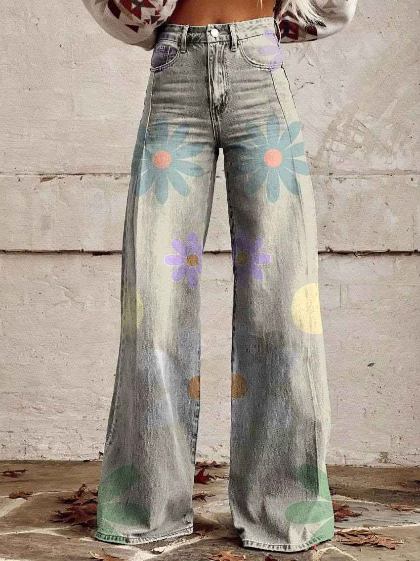 Floral Bell Bottom Pants for Women with High Waist Design