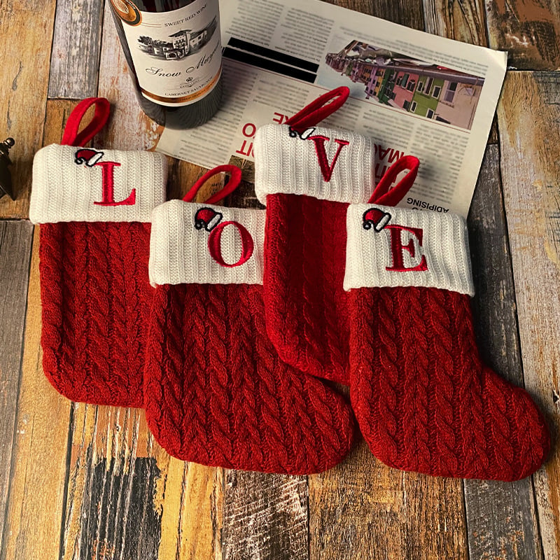 Cozy Knit Socks With Embroidered Candy Gift Bag And Letter Christmas Stocking