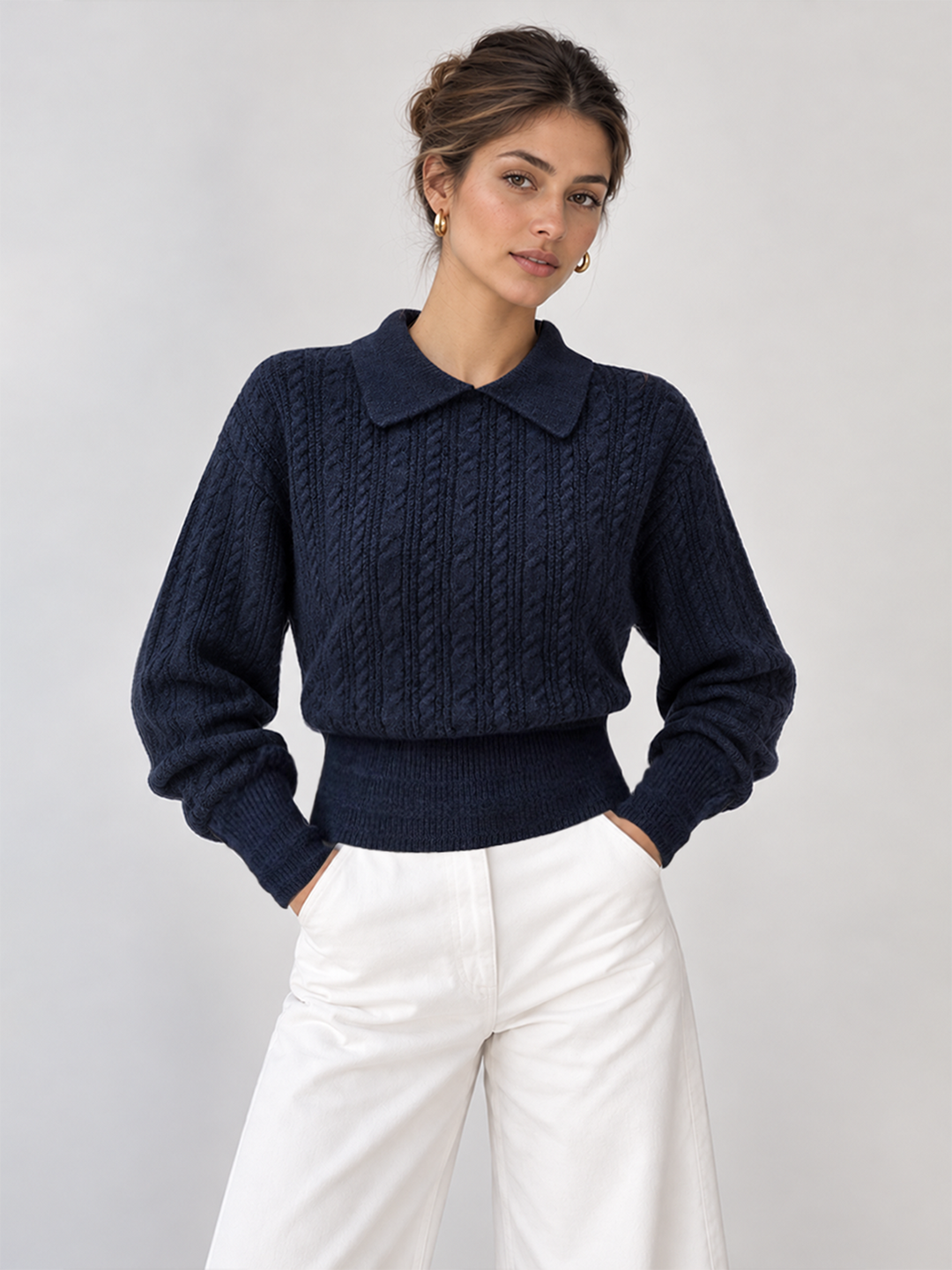 Polo Pullover Sweater with Button Neckline and High Stretch Knit