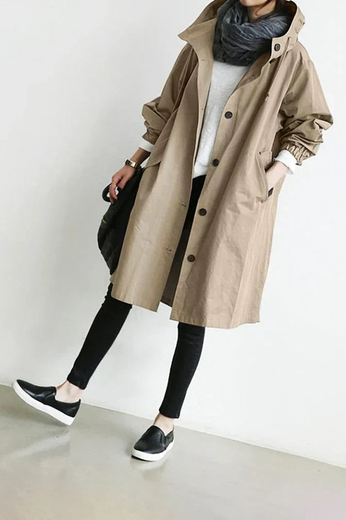 Trench Coat With Oversized Hood And Minimalist Tailored Silhouette