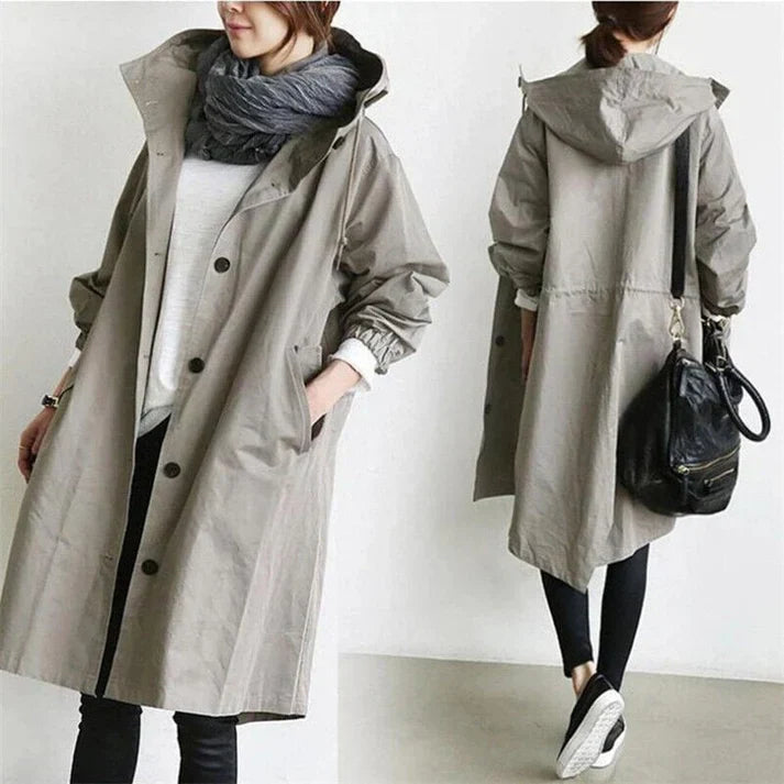 Trench Coat With Oversized Hood And Minimalist Tailored Silhouette