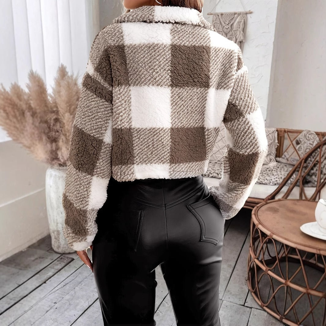 Sherpa Jacket With White And Grey Plaid Checkered Pattern
