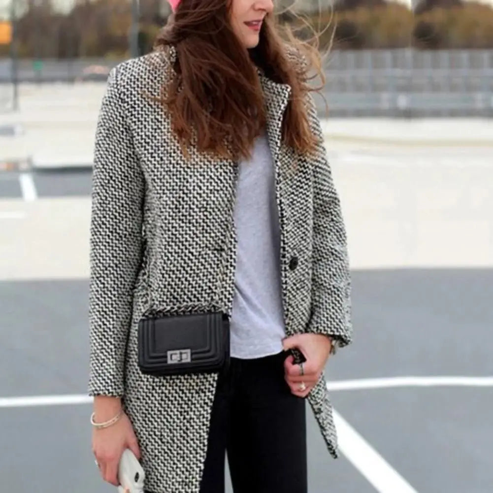 Houndstooth Winter Coat For Women Tailored Wool-Blend Classic Fit