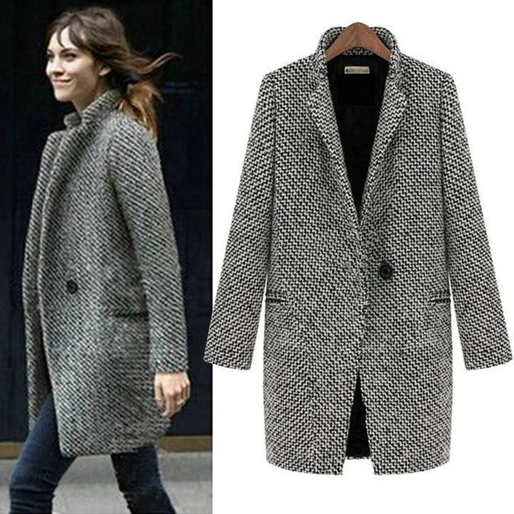 Houndstooth Winter Coat For Women Tailored Wool-Blend Classic Fit