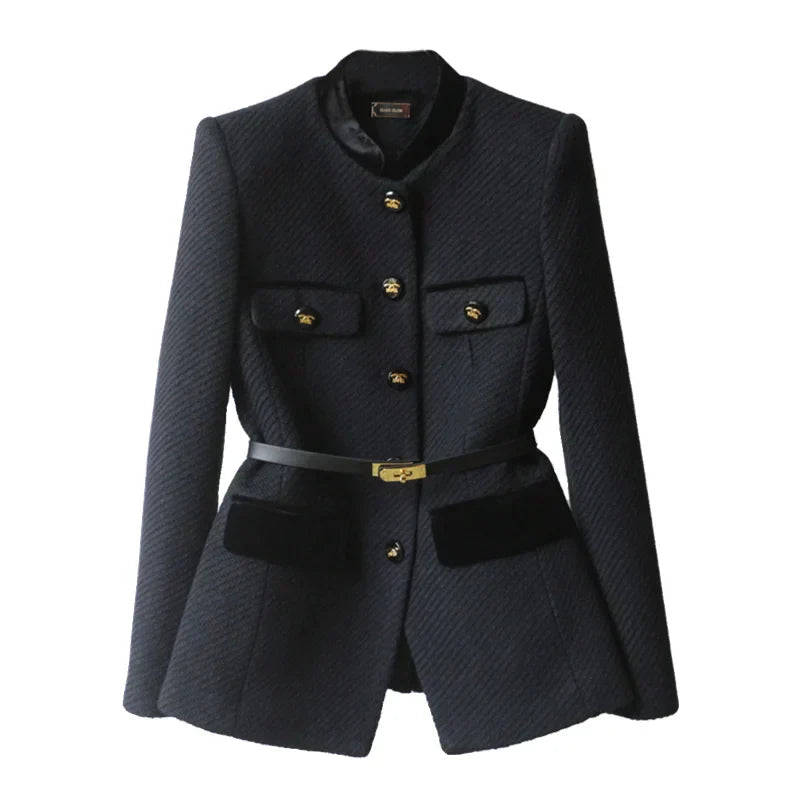 Wool Blazer With Gold Button And Belt Detail, Military Style