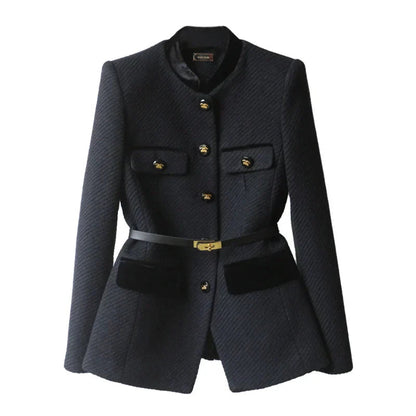 Wool Blazer With Gold Button And Belt Detail, Military Style