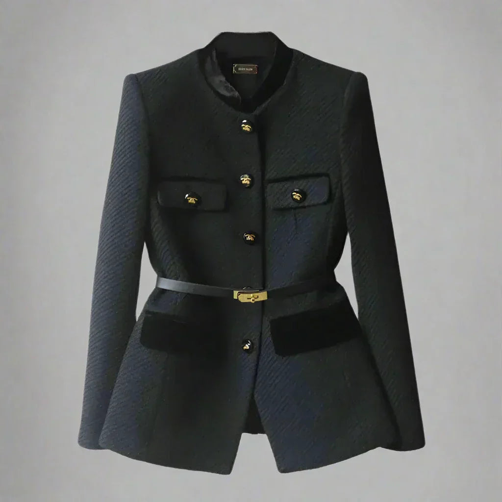 Wool Blazer With Gold Button And Belt Detail, Military Style