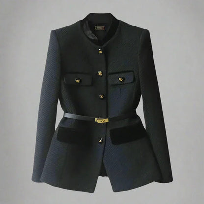 Wool Blazer With Gold Button And Belt Detail, Military Style