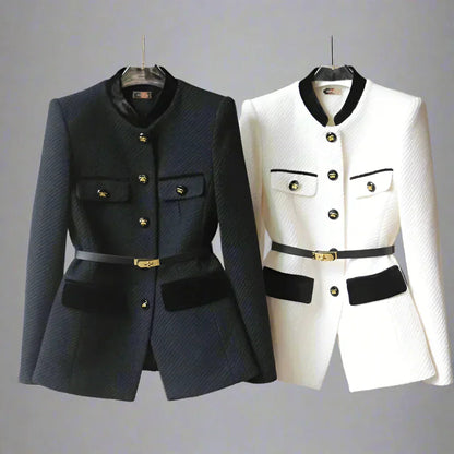 Wool Blazer With Gold Button And Belt Detail, Military Style