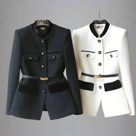 Wool Blazer With Gold Button And Belt Detail, Military Style