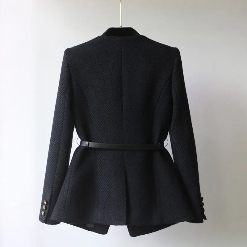 Wool Blazer With Gold Button And Belt Detail, Military Style