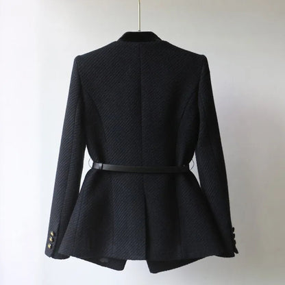 Wool Blazer With Gold Button And Belt Detail, Military Style