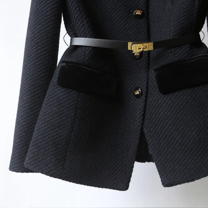 Wool Blazer With Gold Button And Belt Detail, Military Style