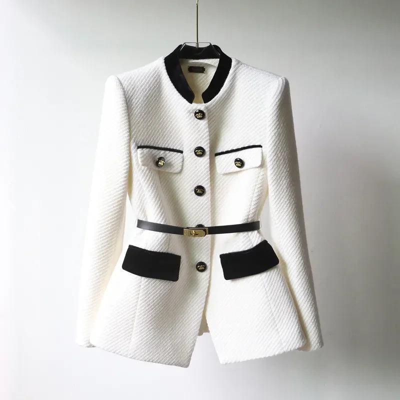 Wool Blazer With Gold Button And Belt Detail, Military Style