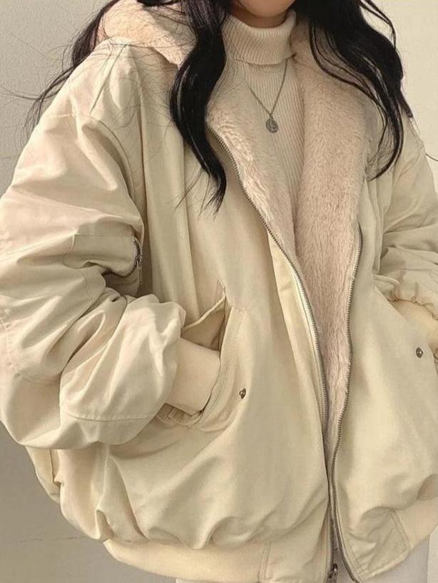 Bomber Jacket Sherpa Lined Oversized Warm Winter Coat With Ribbed Cuffs