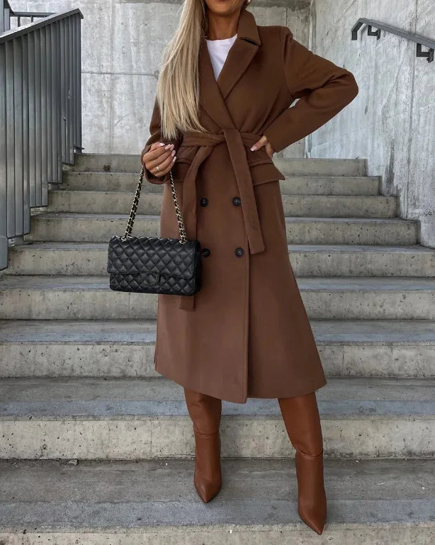 Wool Winter Coat Double-Breasted Belted Waist Classic Tailored Style