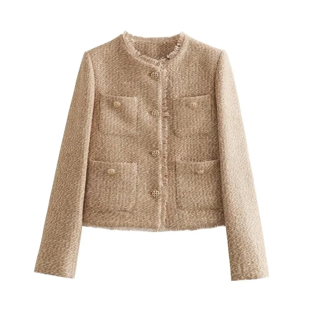 Women's Tweed Cropped Jacket Textured Beige Tailored Blazer