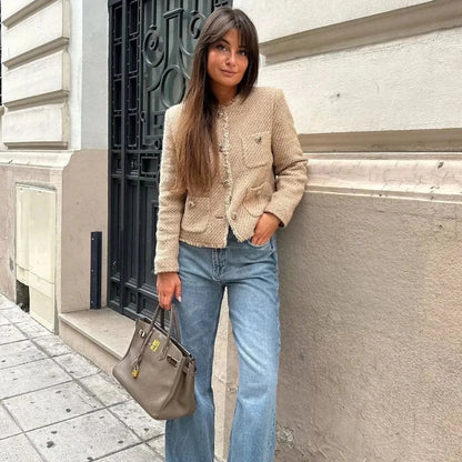 Women's Tweed Cropped Jacket Textured Beige Tailored Blazer
