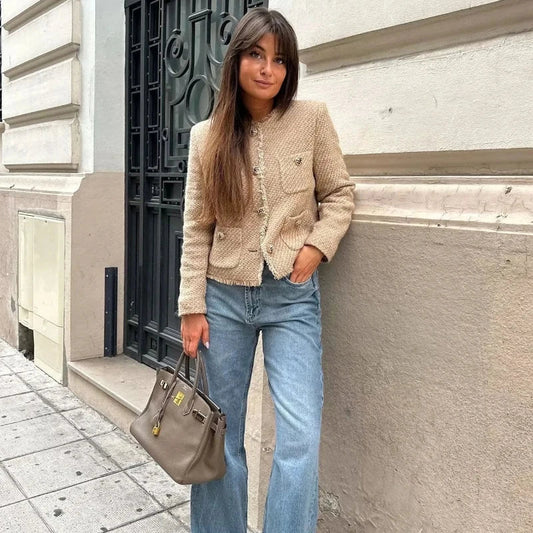 Women's Tweed Cropped Jacket Textured Beige Tailored Blazer
