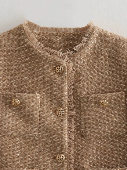 Women's Tweed Cropped Jacket Textured Beige Tailored Blazer