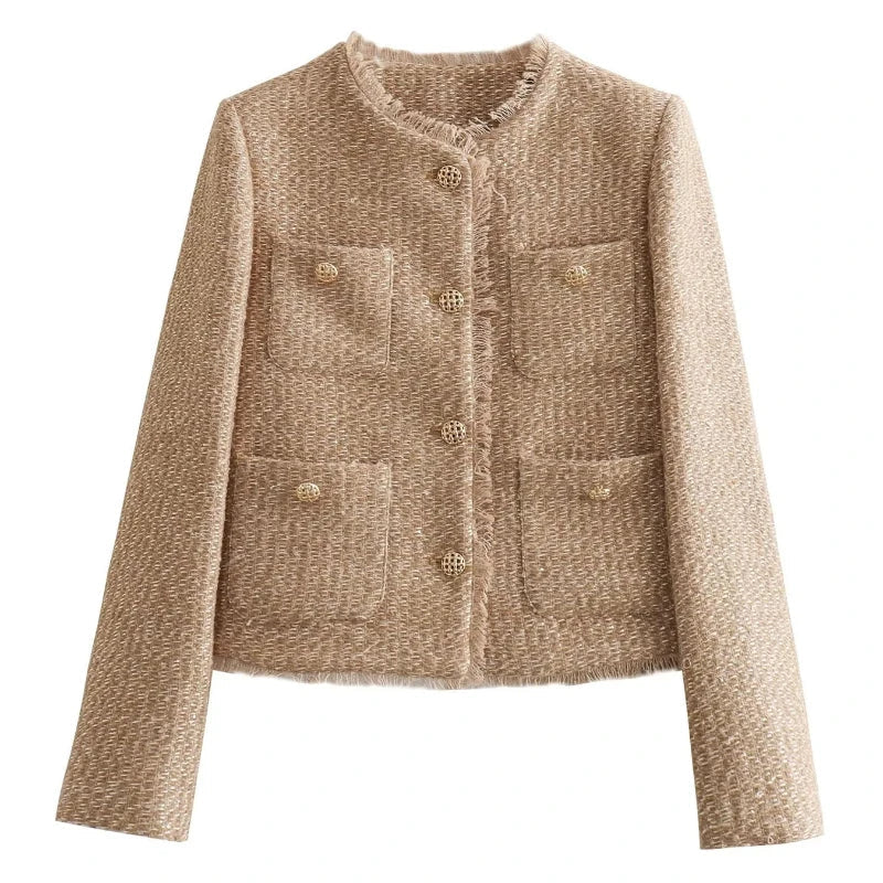 Women's Tweed Cropped Jacket Textured Beige Tailored Blazer