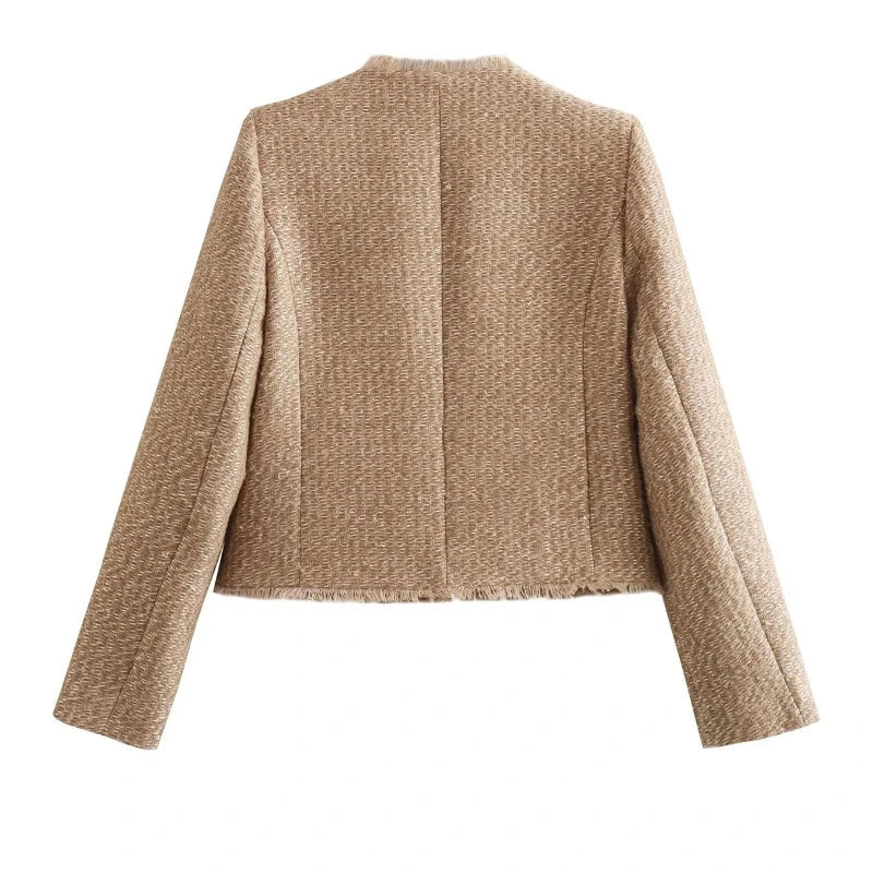 Women's Tweed Cropped Jacket Textured Beige Tailored Blazer